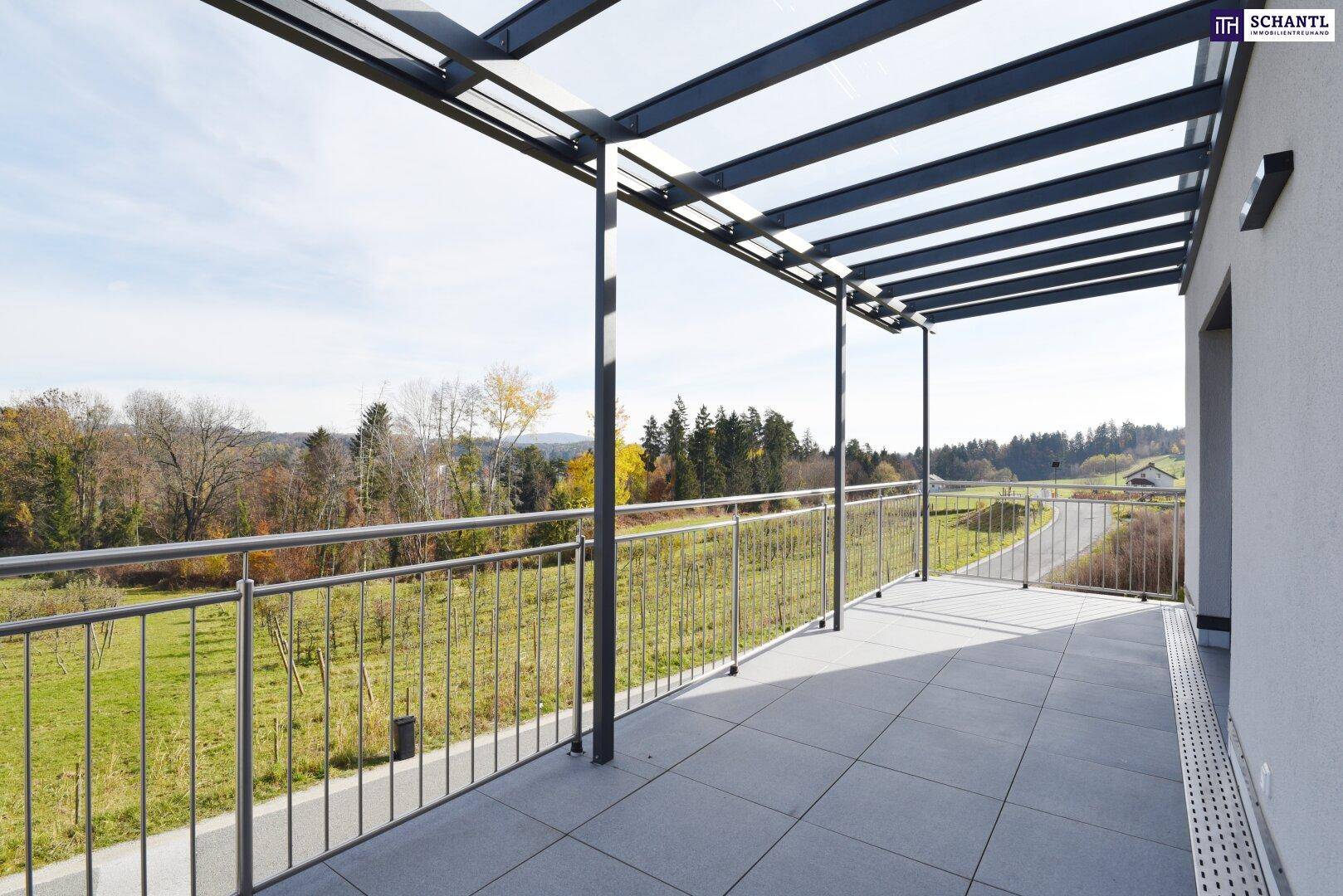 Geräumige, überdachte Terrasse mit modernem Geländer und Panoramablick ins Grüne.