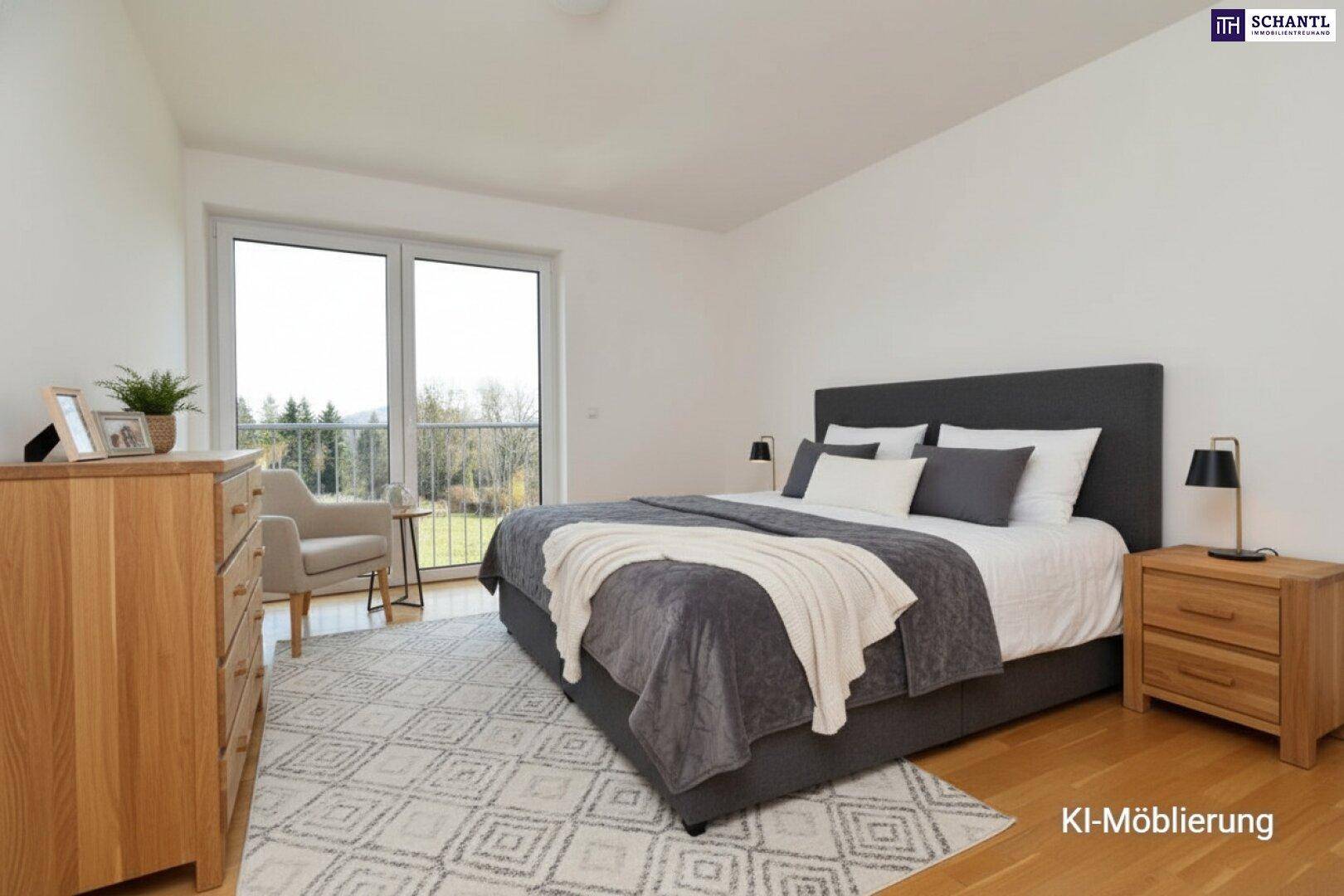 Gemütliches Schlafzimmer mit Doppelbett, Holzmöbeln und Zugang zu einem Balkon mit Grünblick.