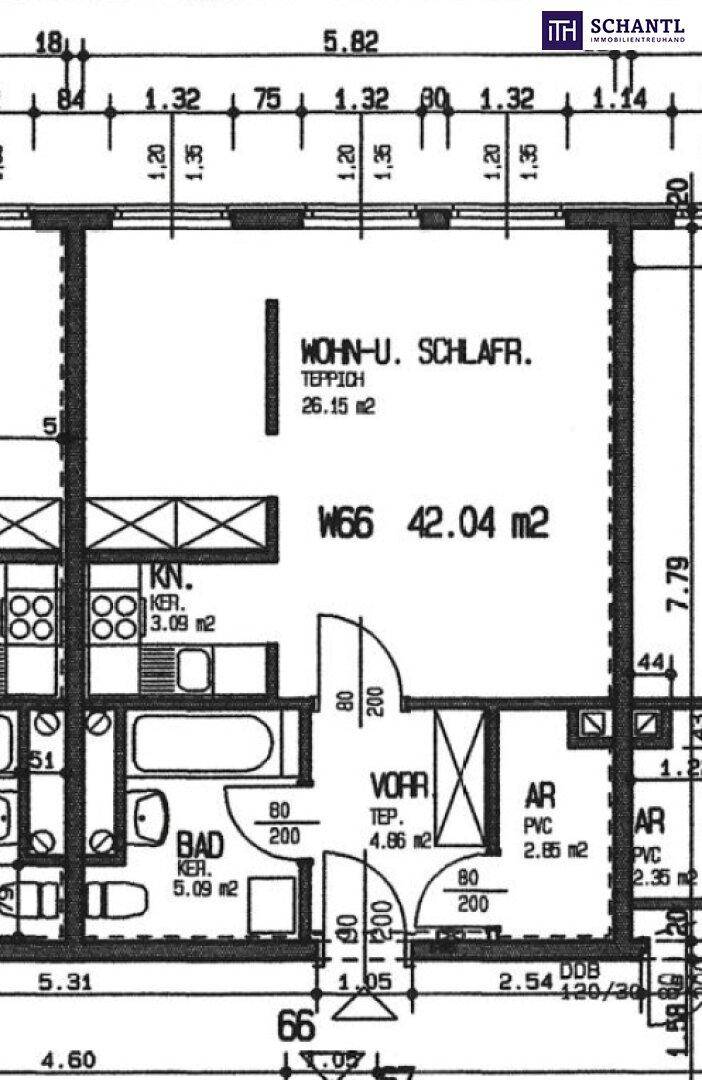 Detaillierter Grundriss einer Wohnung mit Wohn- und Schlafbereich, Bad und Küche.