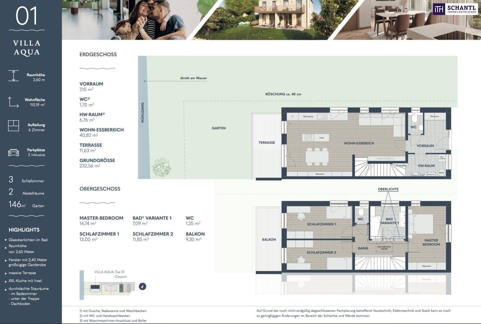 Detaillierter Grundriss der Villa Aqua 01 mit Erdgeschoss und Obergeschoss, inklusive Garten und Terrasse.