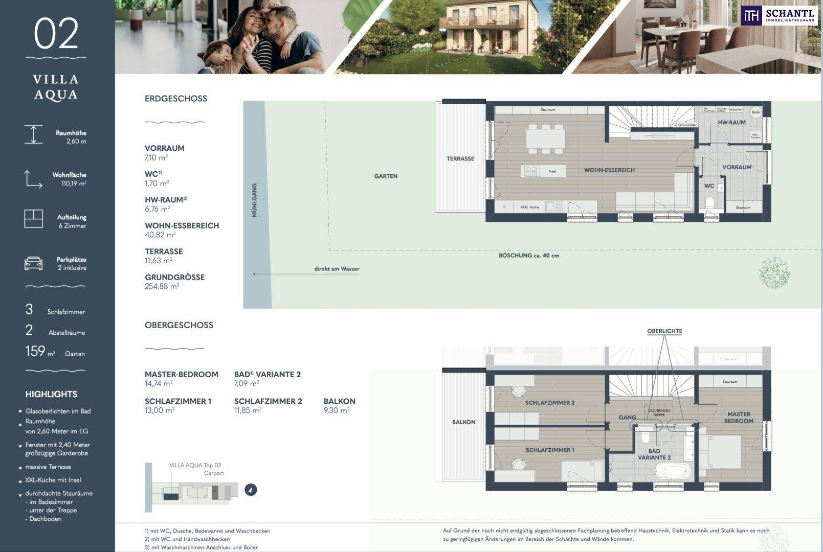 Detaillierter Grundriss der Villa Aqua 02 mit Erdgeschoss und Obergeschoss, inklusive Garten und Terrasse.
