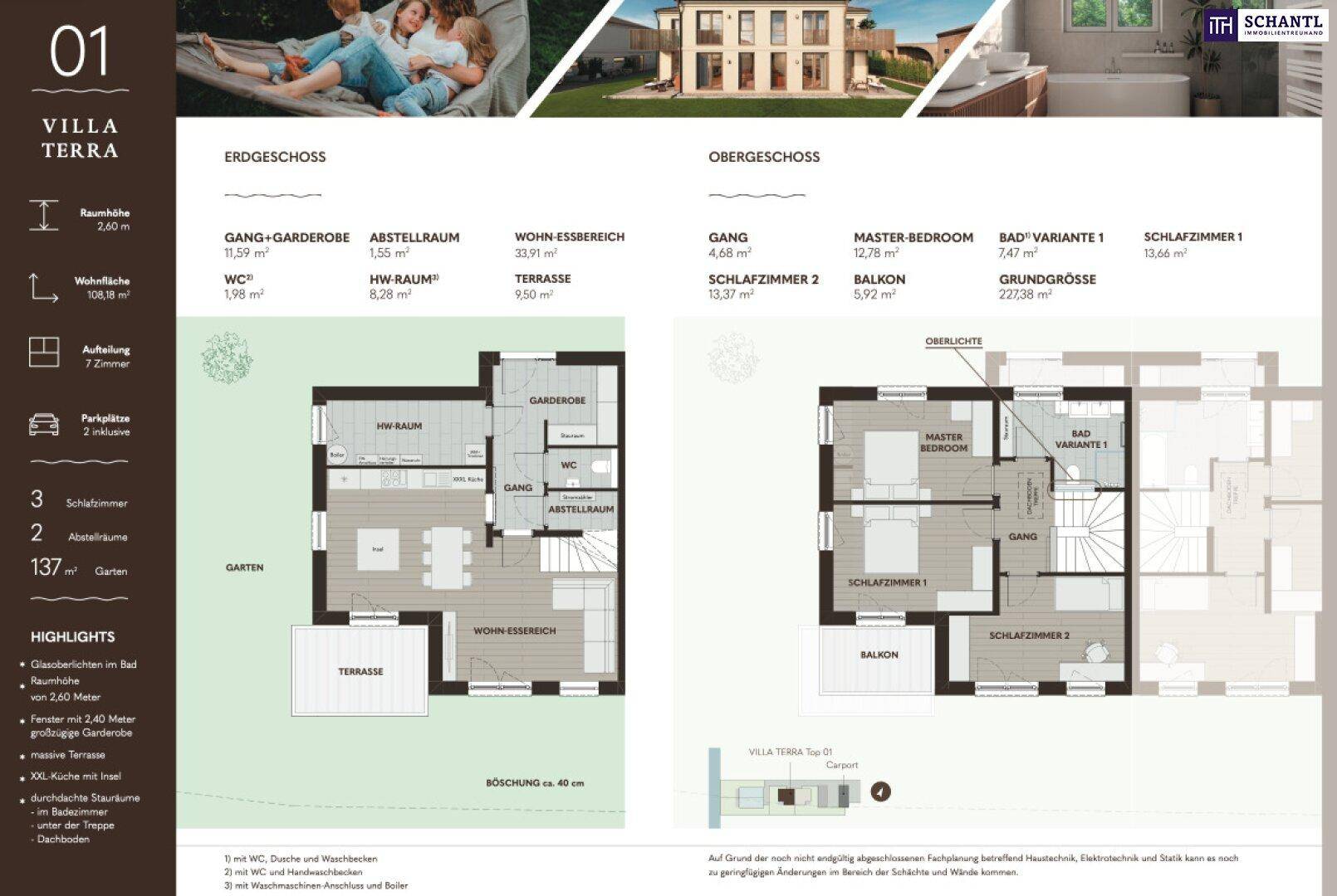 Grundriss der Villa Terra 01 zeigt Erdgeschoss und Obergeschoss mit Wohn-Essbereich und Schlafzimmern.