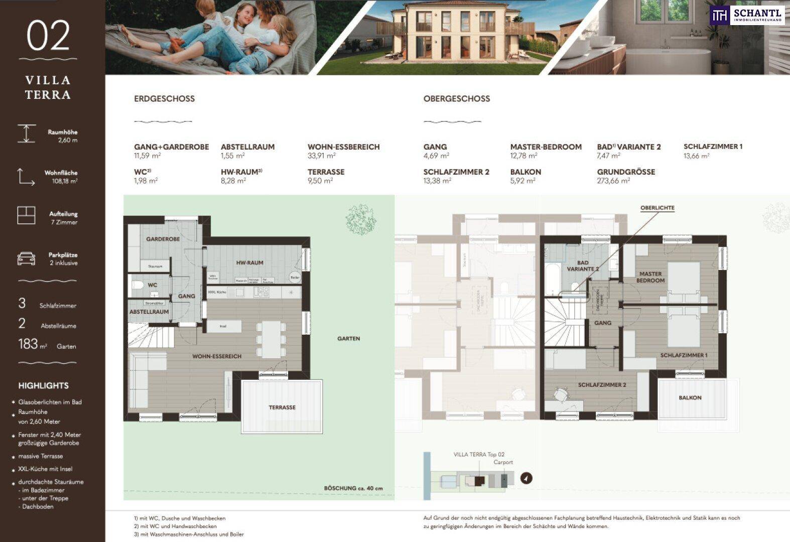 Grundriss der Villa Terra 02 zeigt Erdgeschoss und Obergeschoss mit Wohn-Essbereich und Schlafzimmern.