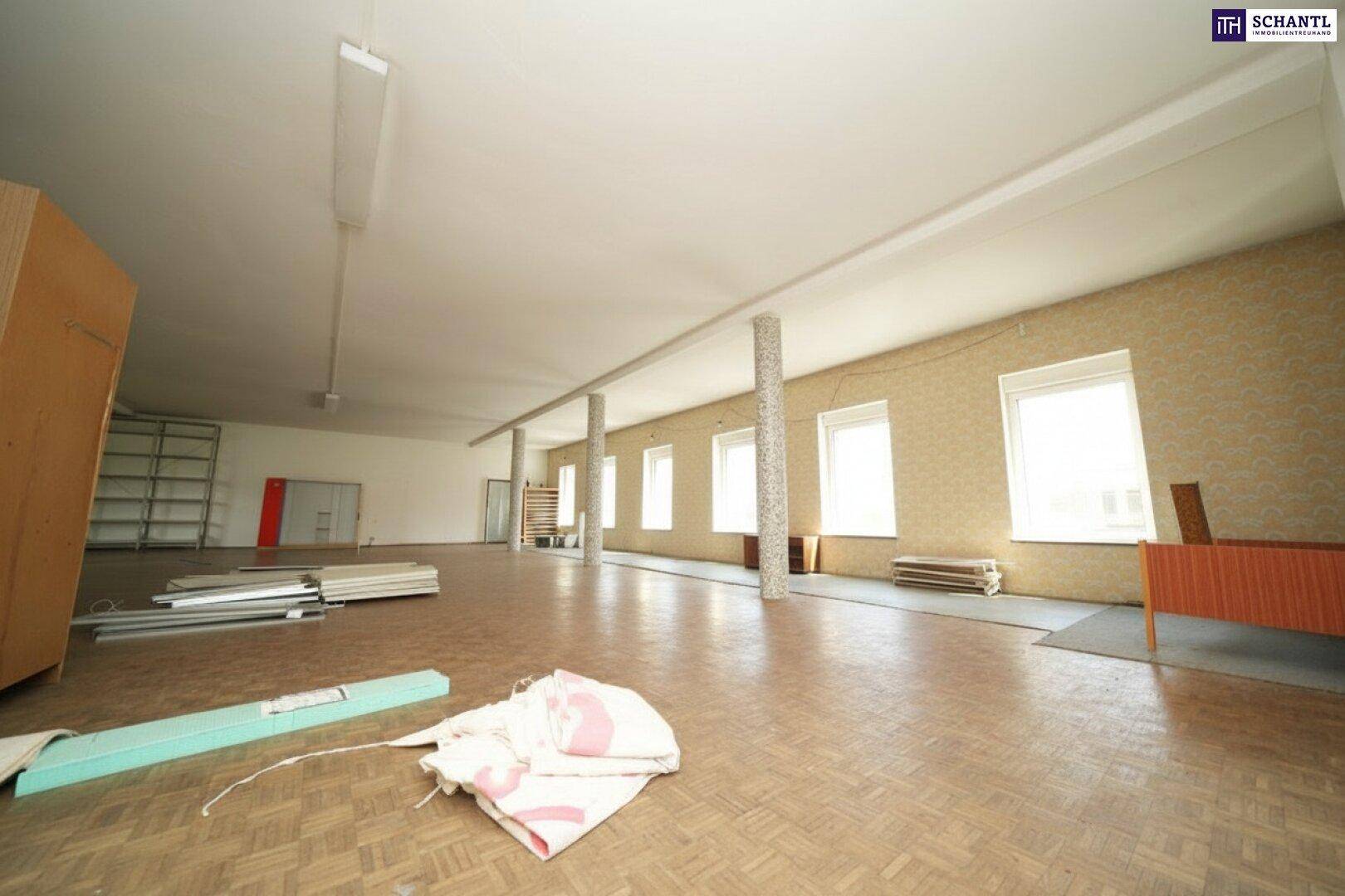 Großer, leerstehender Gewerberaum mit Parkettboden und vielen Fenstern, ideal für Büros oder Geschäfte.