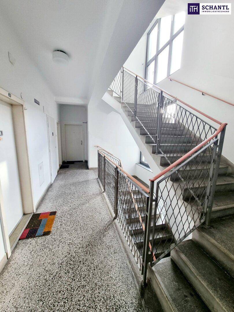 Treppenhaus eines Wohngebäudes mit Terrazzoboden, Metallgeländer und Tageslicht.