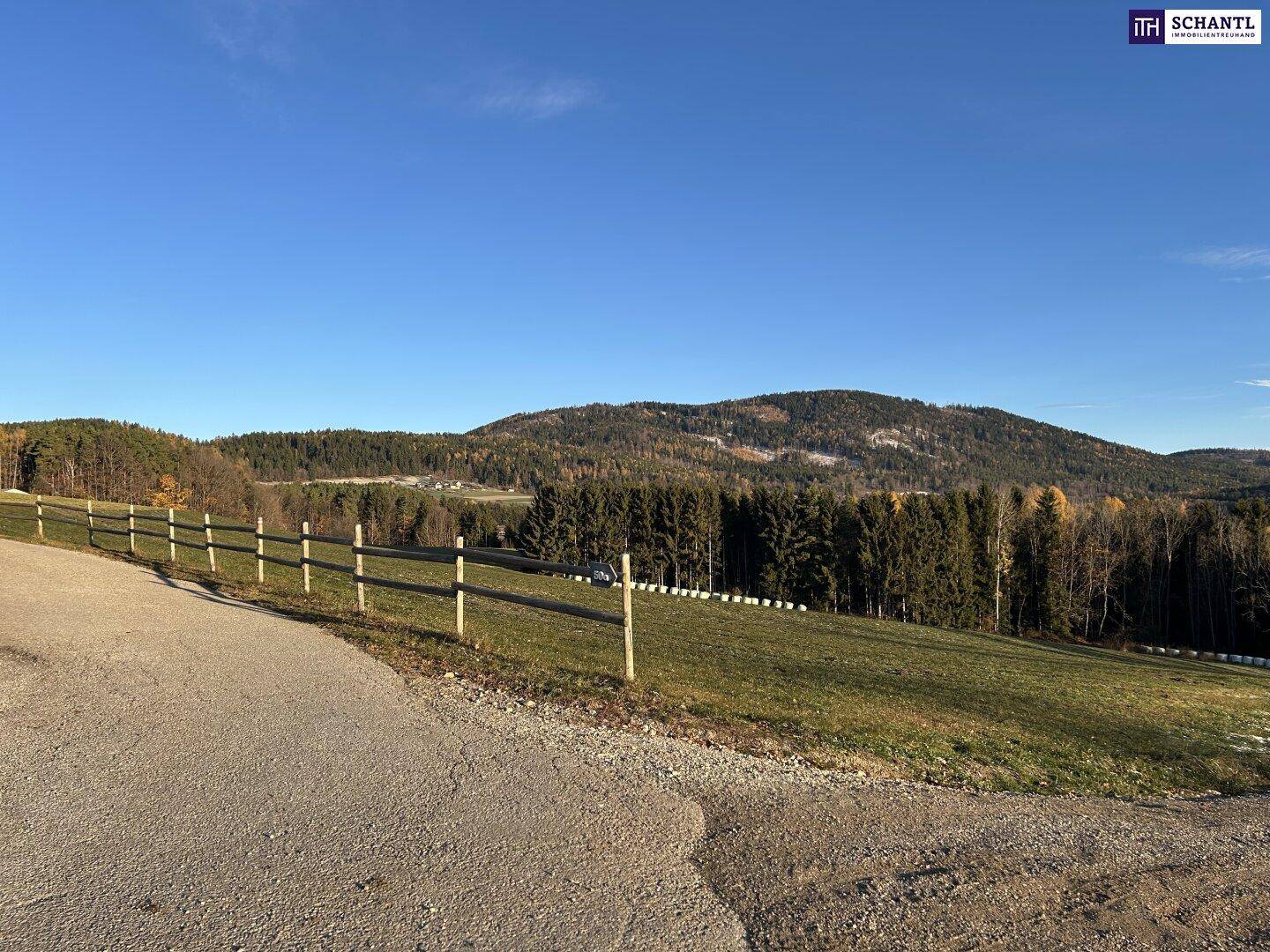 Grüne Wiese mit Holzzaun und Schotterweg, umgeben von bewaldeten Hügeln unter blauem Himmel.