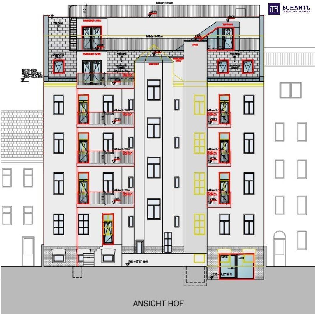 Architektonische Ansicht der Rückfassade mit mehreren Balkonen und Blick auf den Hof.