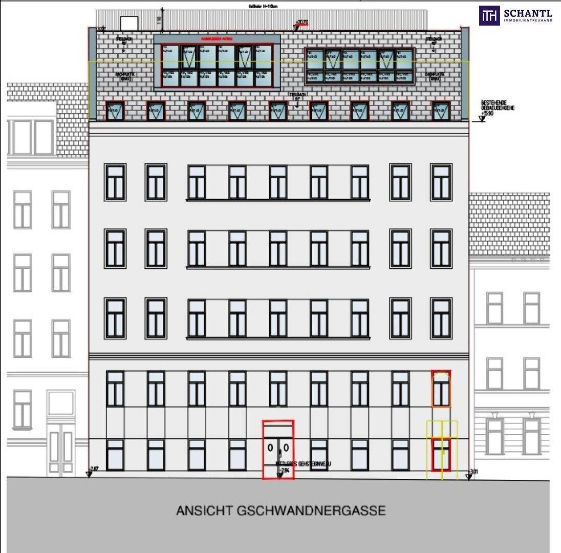 Architektonische Ansicht der Gebäudefassade mit Dachgeschossausbau und vielen Fenstern.