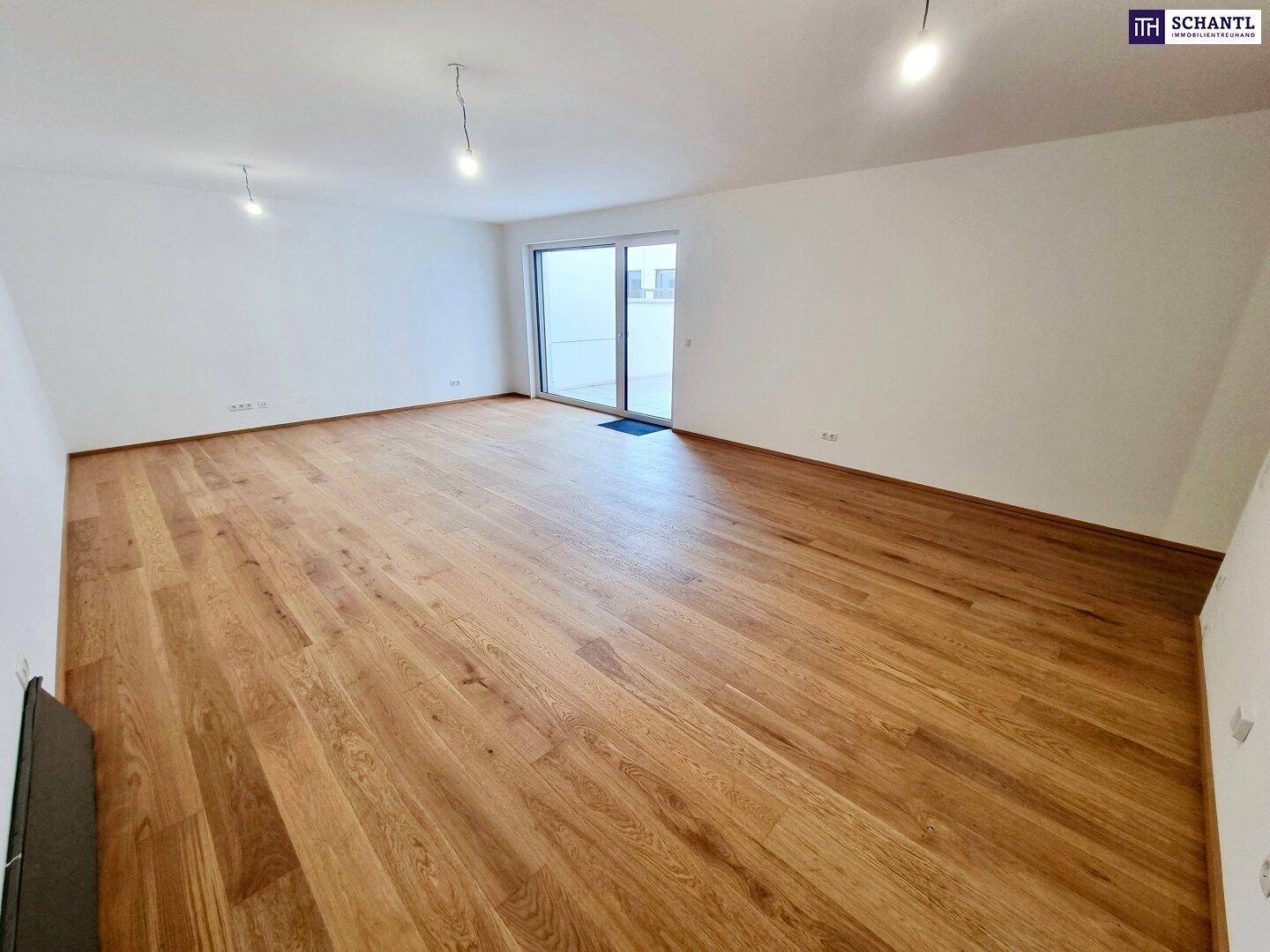Heller Wohnraum mit Holzboden und großer Schiebetür, die zu einem Außenbereich führt.