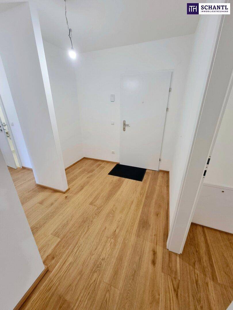 Heller Eingangsbereich mit Holzboden und weißer Tür.