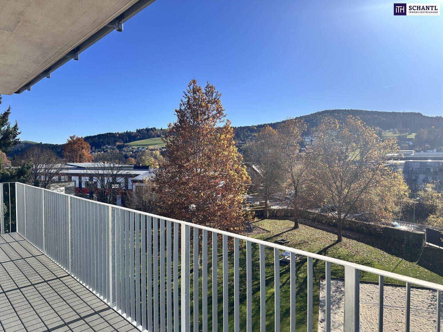 Panoramablick vom Balkon auf eine weitläufige Grünfläche mit Bäumen und sanften Hügeln im Hintergrund.