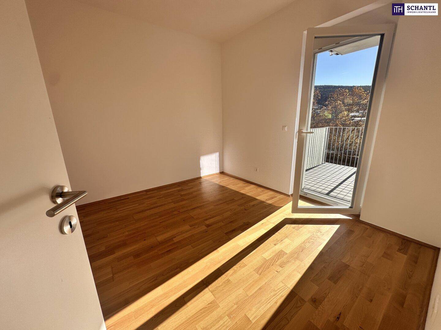 Unmöblierter Raum mit Parkettboden und direktem Zugang zu einem sonnigen Balkon, ideal für individuelle Gestaltung.