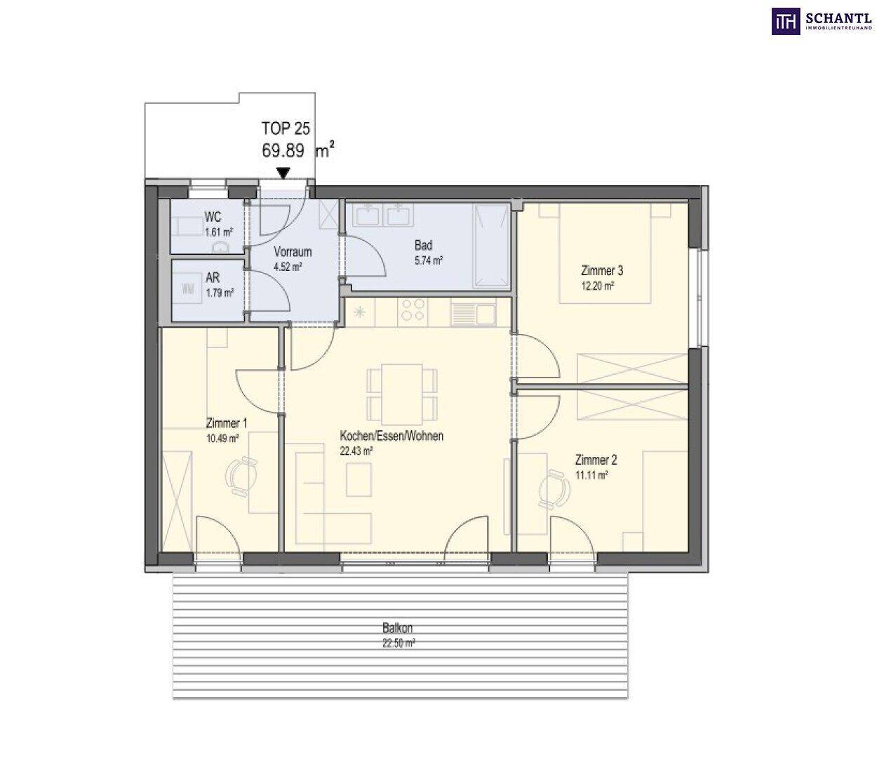 Grundriss der Wohnung TOP 25 mit 69,89 m², inklusive drei Zimmern, Bad und Balkon.