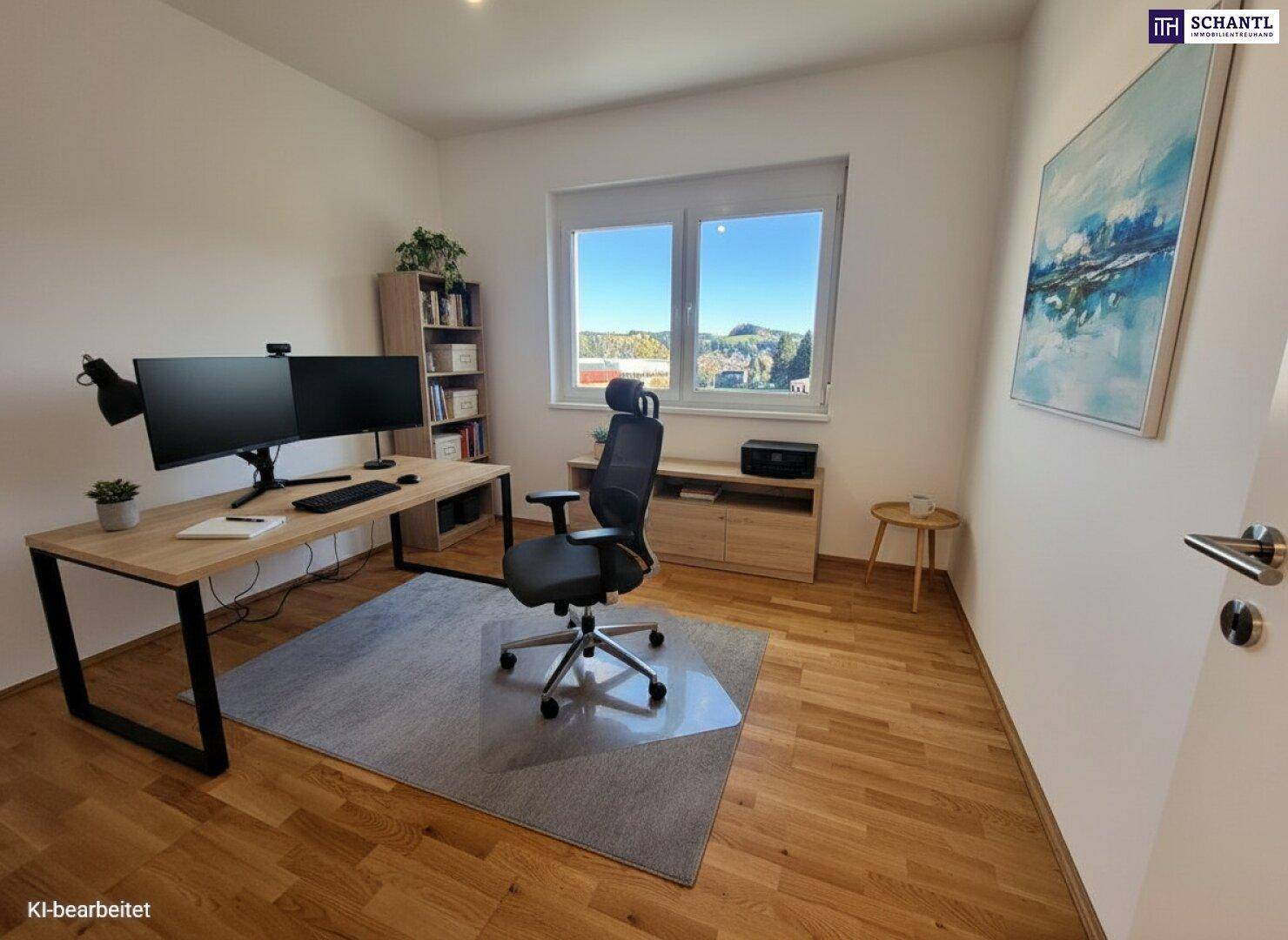 Funktionales Büro mit Holzboden, großem Fenster und Blick ins Grüne, ideal für Home-Office.