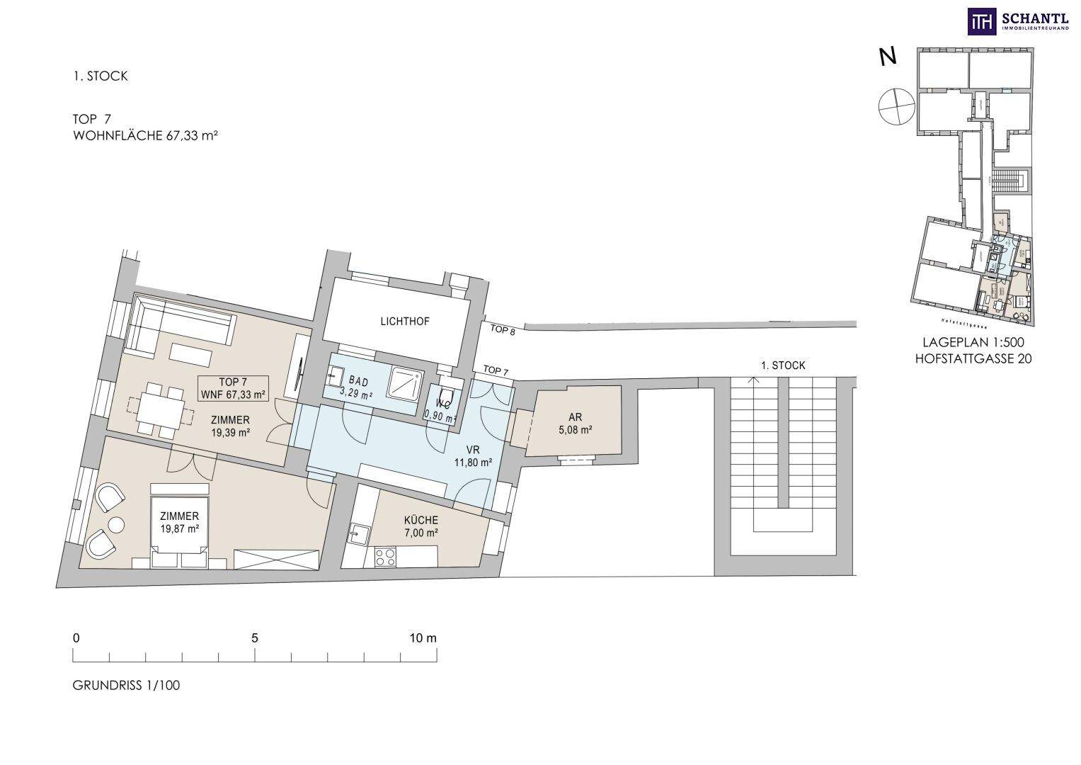 Grundriss der Wohnung Top 7 mit 67,33 m² Wohnfläche, inklusive Zimmer, Bad und Küche.