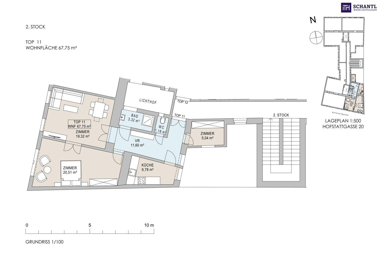Grundriss der Wohnung Top 11 im 2. Stock mit 67,75 m² Wohnfläche und Raumaufteilung.