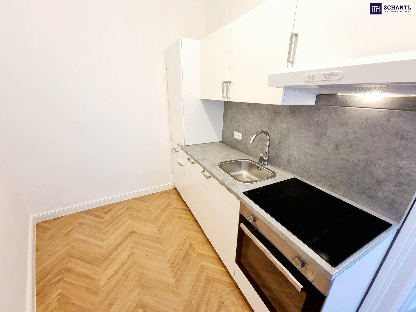 Kompakte Küchenzeile mit weißen Schränken, Spüle und Induktionskochfeld, ideal für kleine Wohnungen.