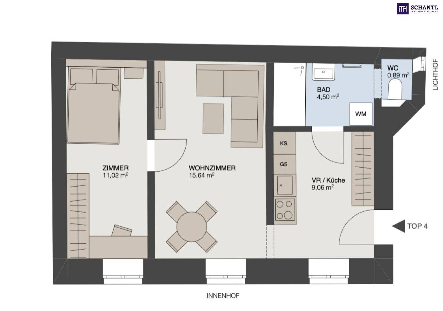 Grundriss einer Wohnung mit einem Schlafzimmer, Wohnzimmer, Bad und separatem WC.