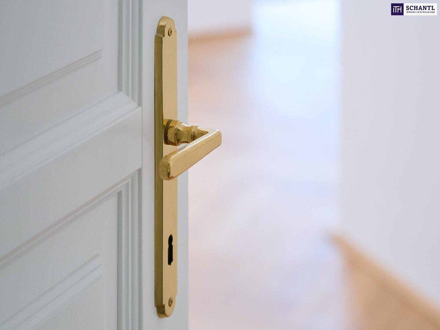 Detailaufnahme einer weißen Tür mit elegantem, goldenem Türgriff in einem Altbau.