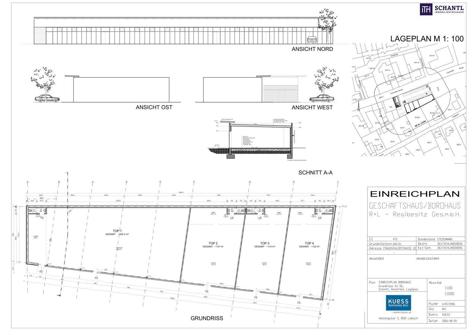 Architektonischer Einreichplan mit Grundriss, Ansichten und Lageplan des Geschäftsgebäudes.