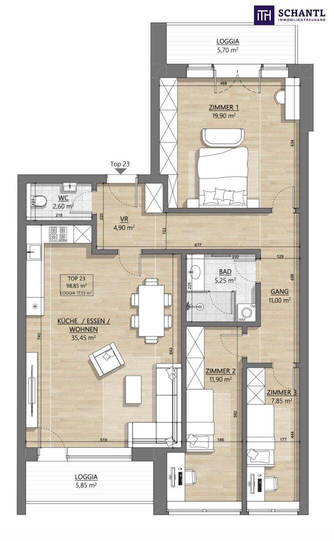 Grundriss einer Wohnung mit offenem Wohn-, Ess- und Kochbereich, zwei Loggien, einem Badezimmer und separatem WC.