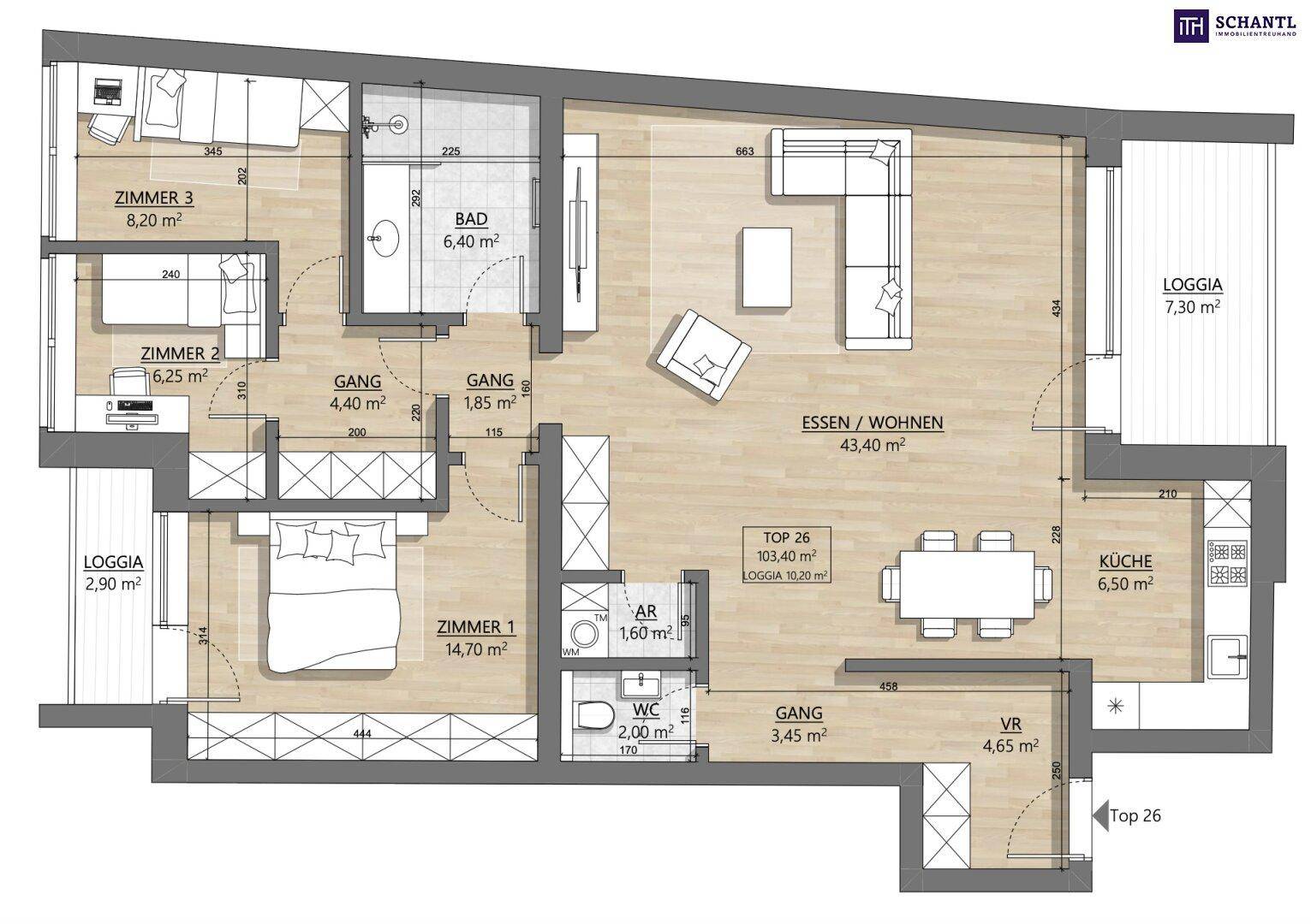 Grundriss einer Wohnung mit drei Zimmern, offenem Wohn-Essbereich, separater Küche und zwei Loggien.