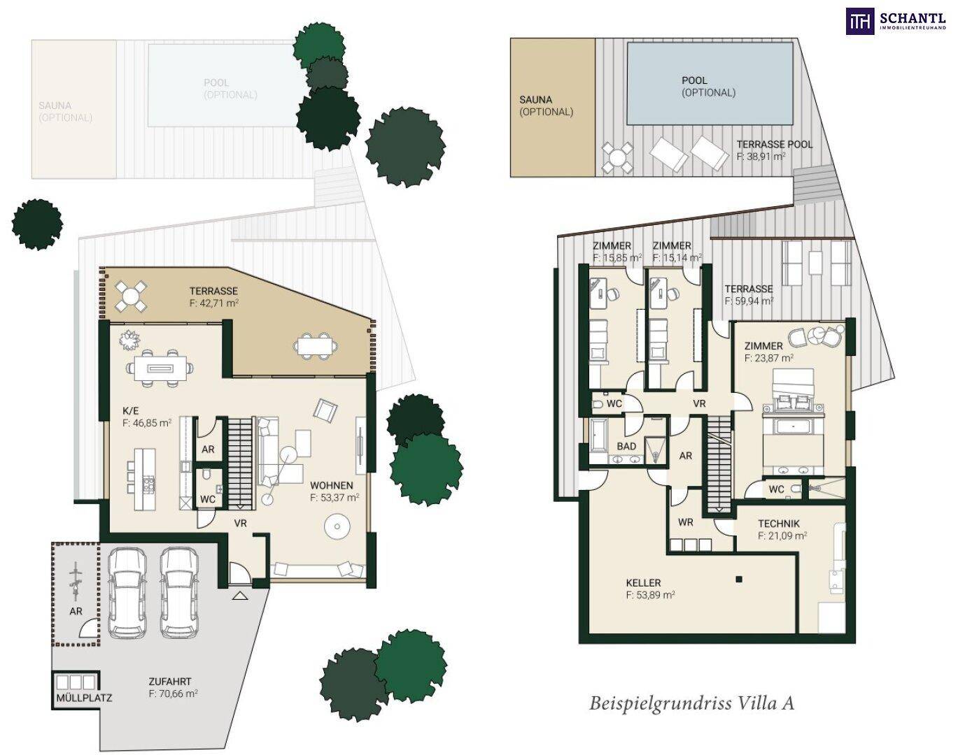 Beispielgrundriss einer Villa mit zwei Etagen, optionalem Pool, Sauna und großzügigen Terrassen.