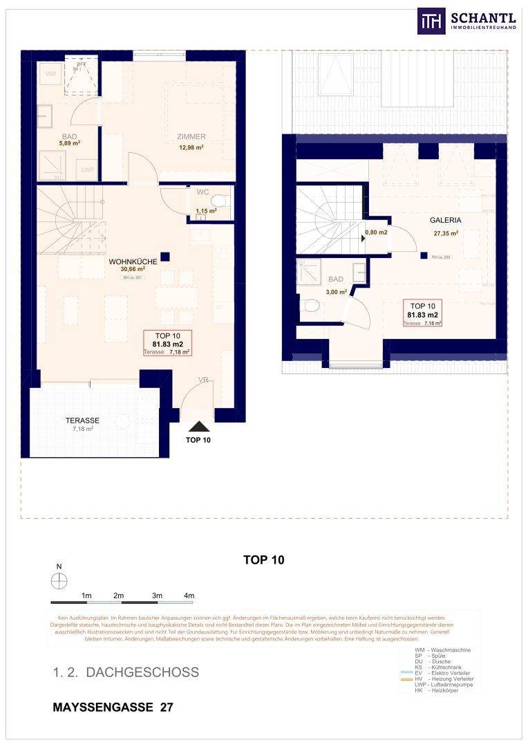 Grundrissplan einer Maisonette-Wohnung im Dachgeschoss mit offener Wohnküche, zwei Bädern und einer Terrasse.