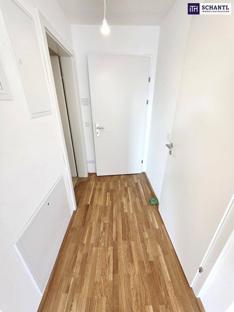 Heller Flur mit Holzboden und mehreren Türen, der zu verschiedenen Räumen führt.
