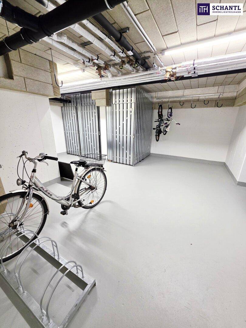 Fahrradraum im Keller mit Abstellmöglichkeiten und zusätzlichen Lagerabteilen.