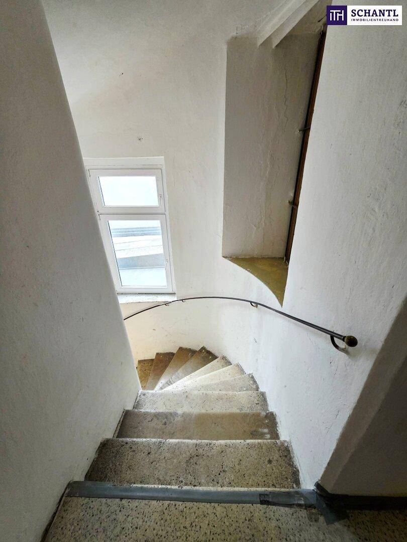 Wendeltreppe mit Steinstufen und einem Fenster, das natürliches Licht spendet.