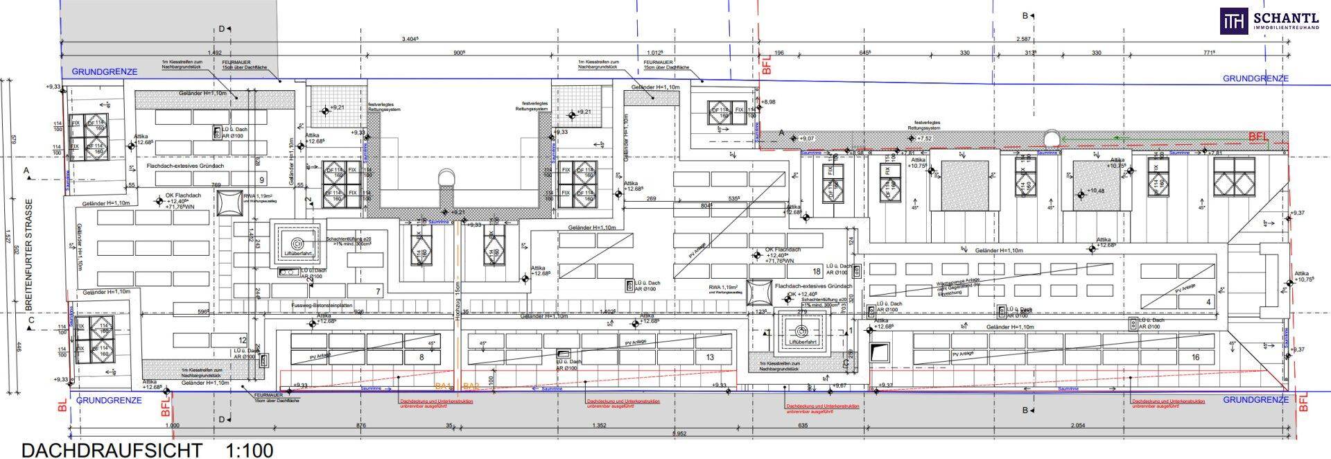Dachaufsicht des Gebäudes mit Details zu Dachflächen und möglichen Terrassenbereichen.