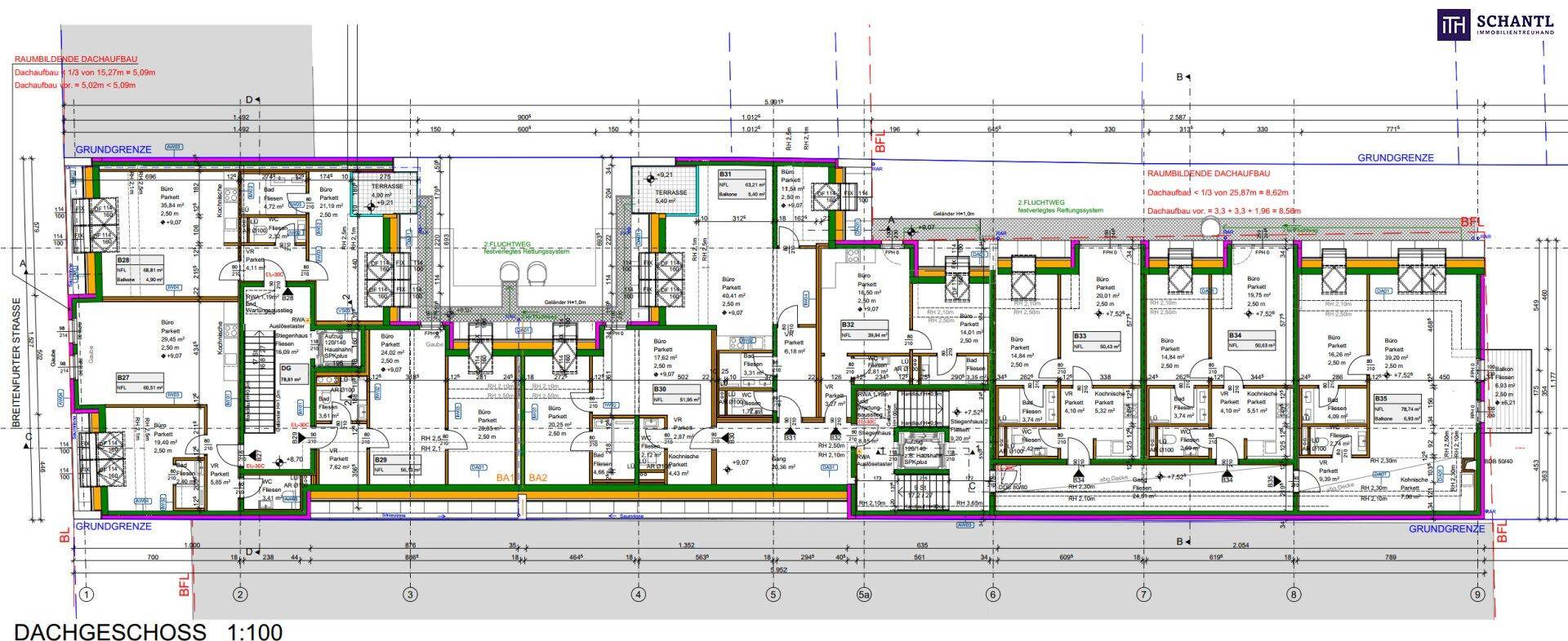 Detaillierter Grundriss des Dachgeschosses mit Wohnungen und Dachschrägen.
