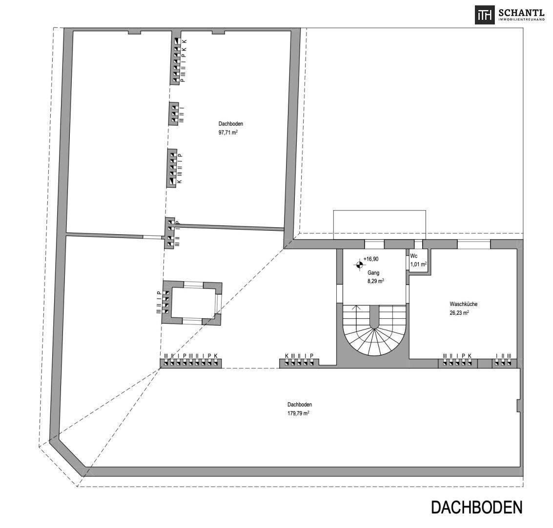 Grundriss des Dachbodens mit Lagerflächen und Waschküche.