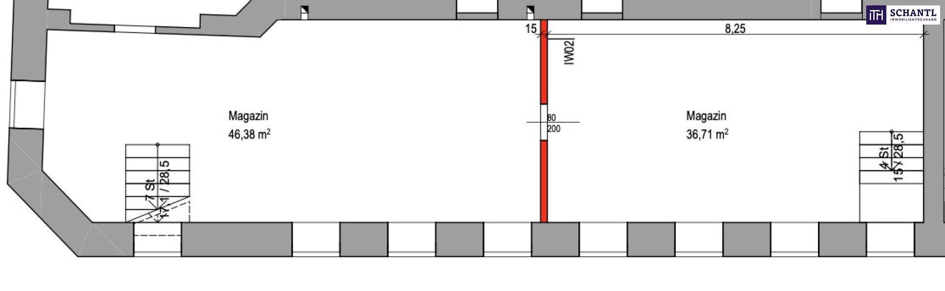 Grundriss des Kellergeschosses mit zwei großen Magazinräumen.