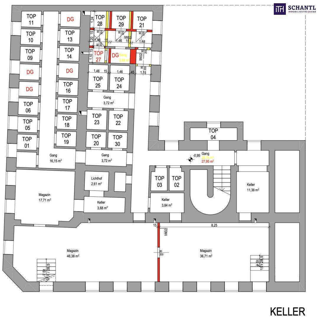 Grundriss des Kellergeschosses mit mehreren Magazinen und Gängen.