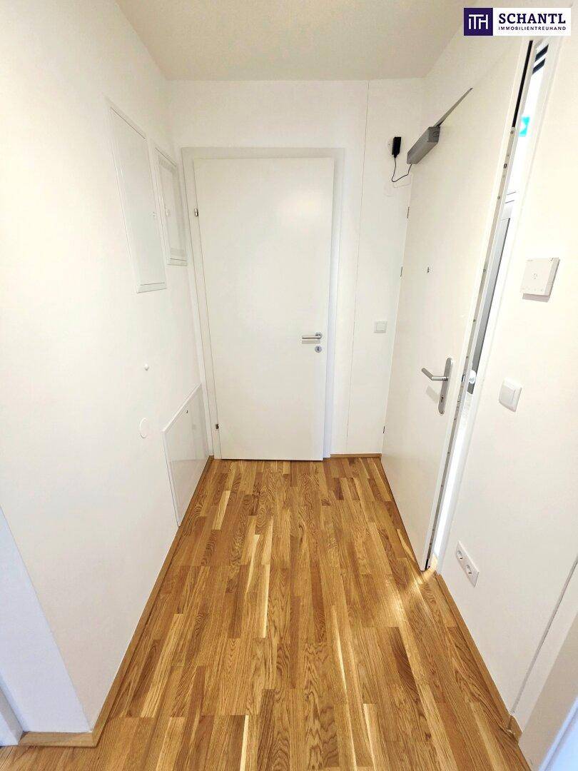 Heller Eingangsbereich mit Holzboden und weißen Türen, der zu den Wohnräumen führt.