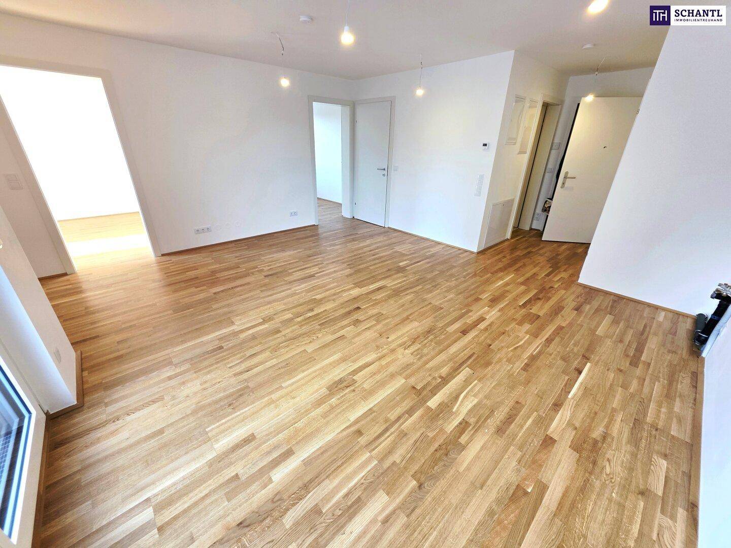 Geräumiger, unmöblierter Wohnraum mit hellem Parkettboden und weißen Wänden.