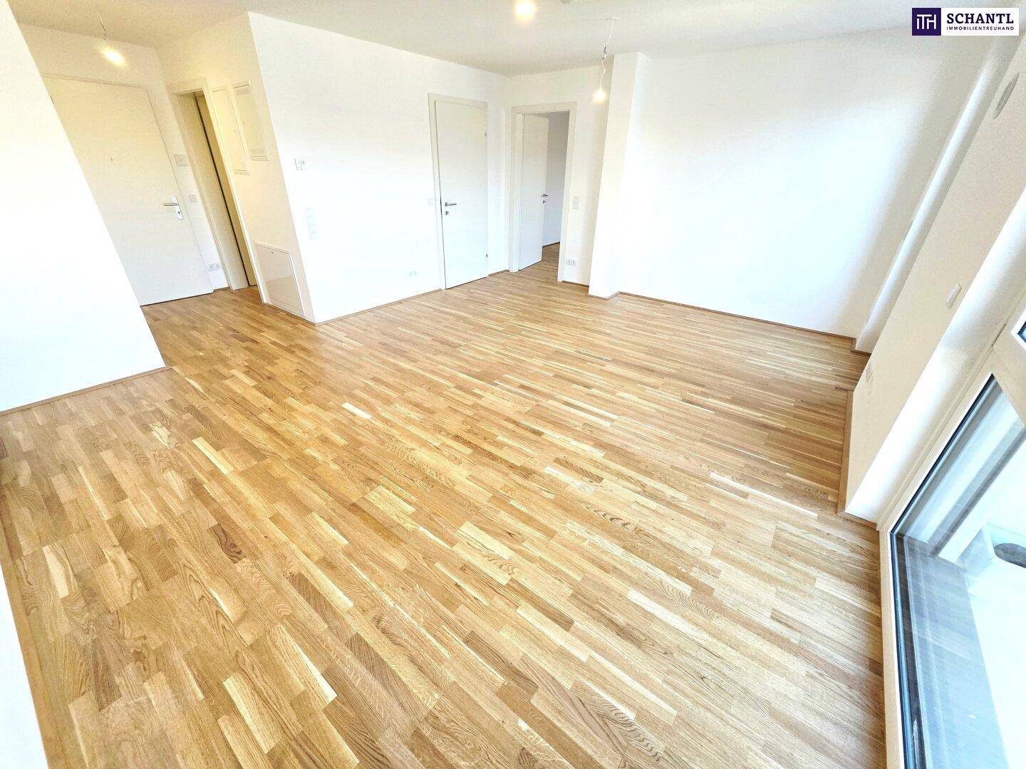 Heller, leerer Raum mit neuem Parkettboden und Zugang zu einem Balkon.