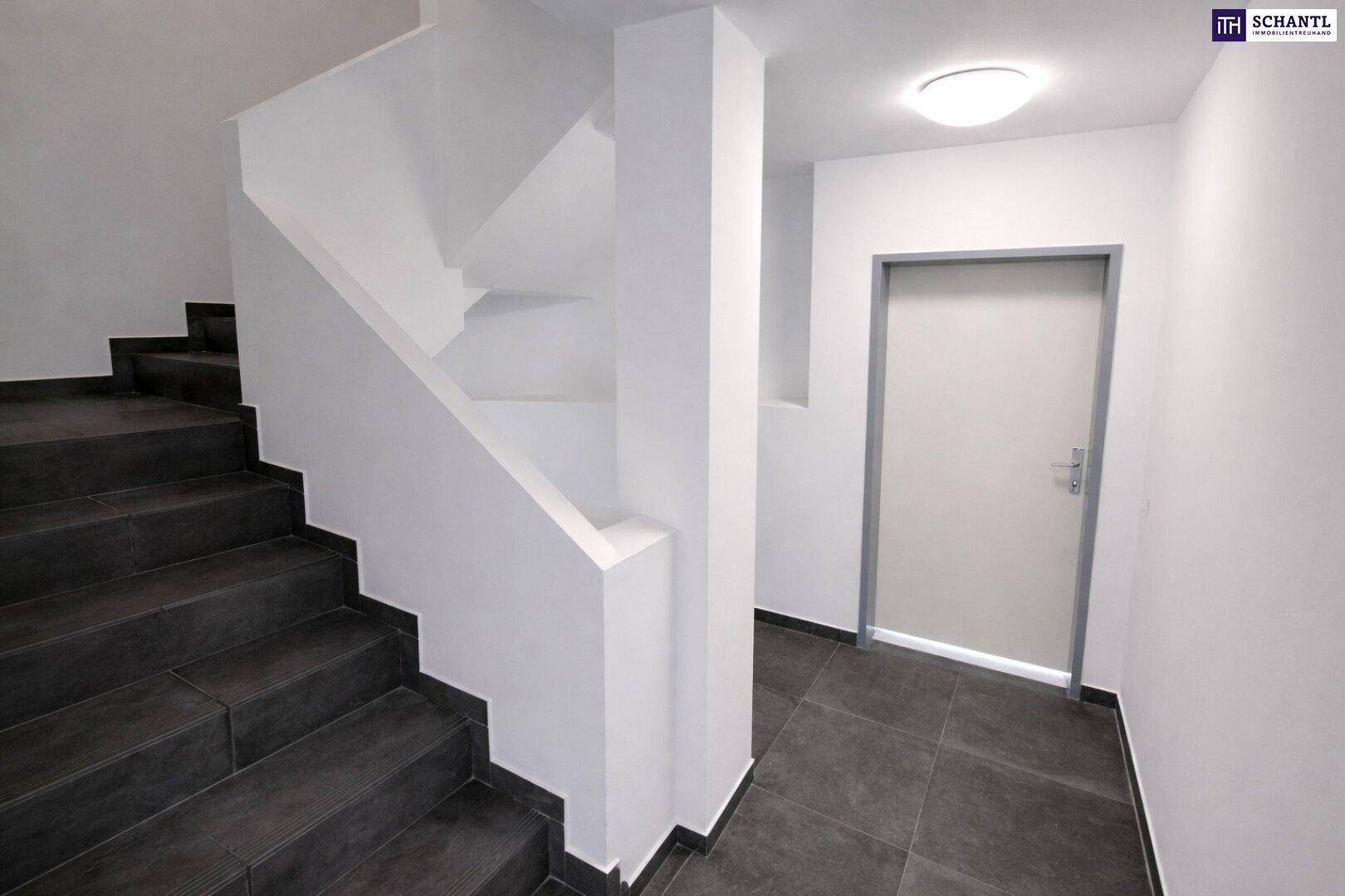 Modernes Treppenhaus mit dunklen Fliesenstufen und weißen Wänden im Eingangsbereich.