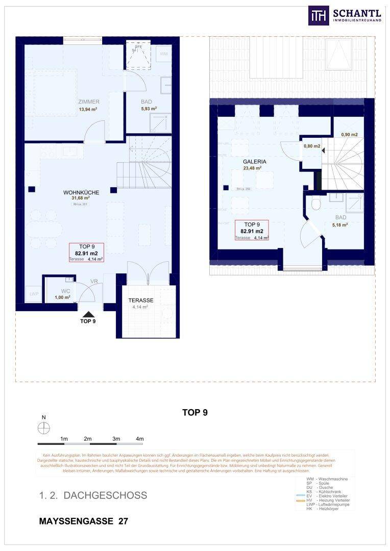 Grundriss des Dachgeschosses mit Wohnküche, zwei Bädern, WC und Terrasse.