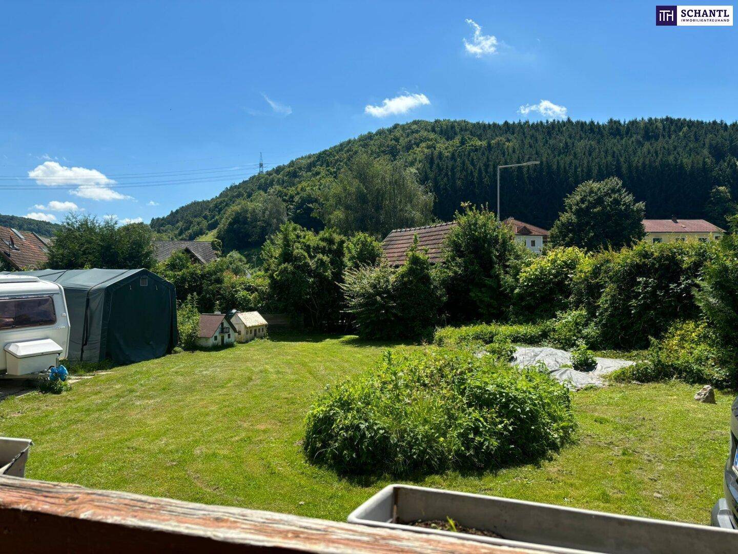 Großer grüner Garten mit Rasenfläche, Bäumen und Blick auf die umliegende, sonnige Landschaft.