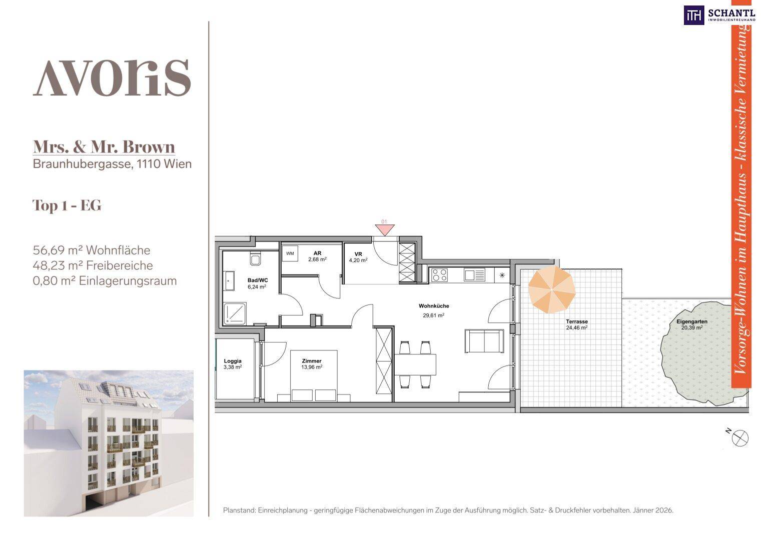 Grundriss der Erdgeschosswohnung mit offener Wohnküche, Schlafzimmer, Bad und großer Terrasse mit Garten.