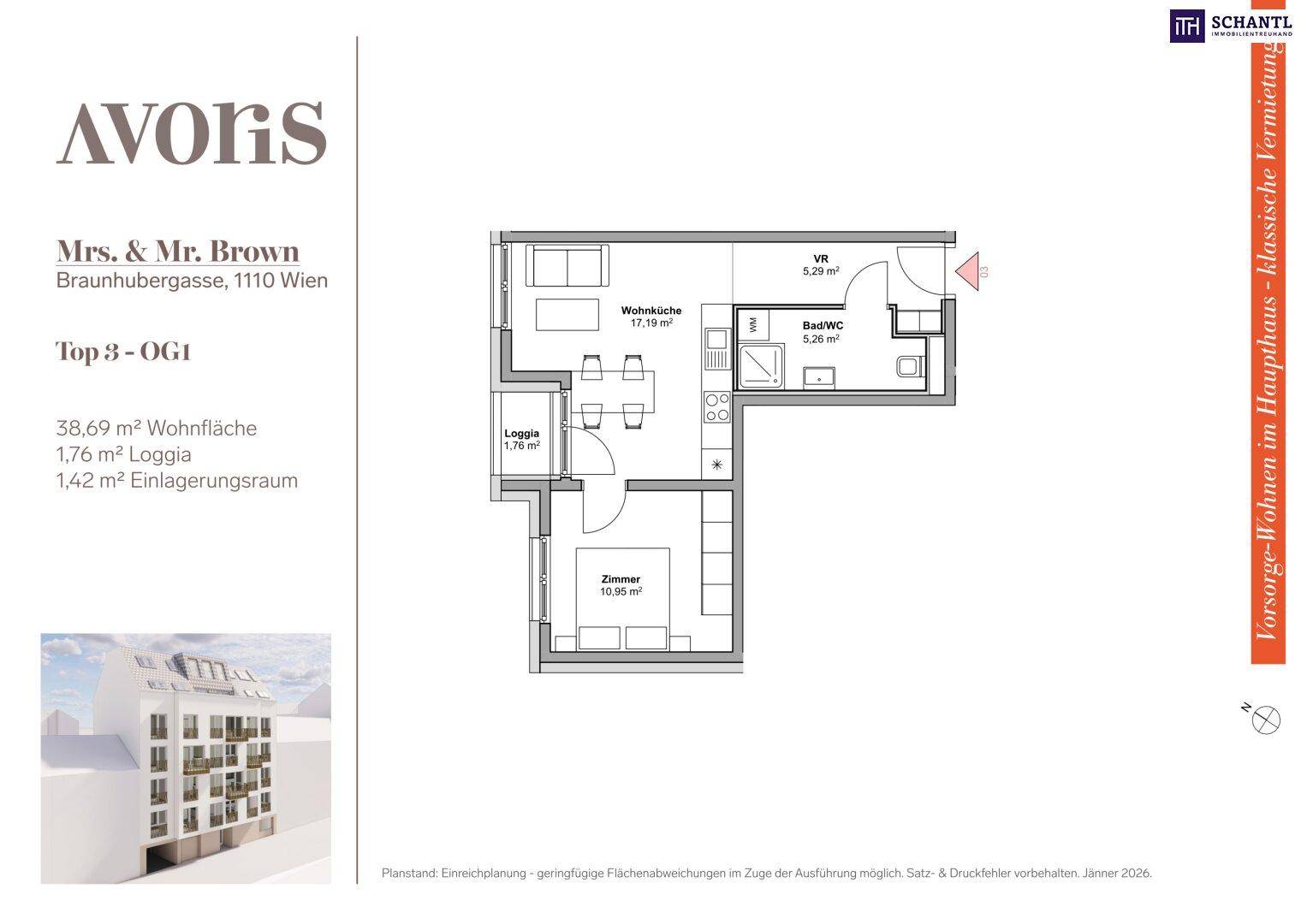 Grundriss der Wohnung im ersten Obergeschoss mit Wohnküche, Schlafzimmer, Bad und Loggia.