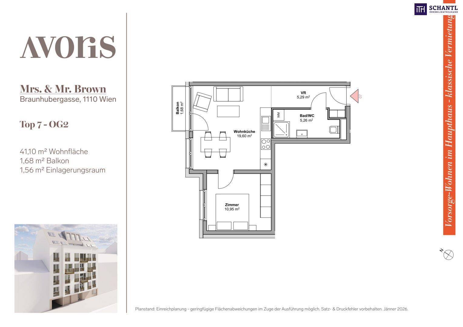 Grundriss der Wohnung im zweiten Obergeschoss mit Wohnküche, Schlafzimmer, Bad und Balkon.