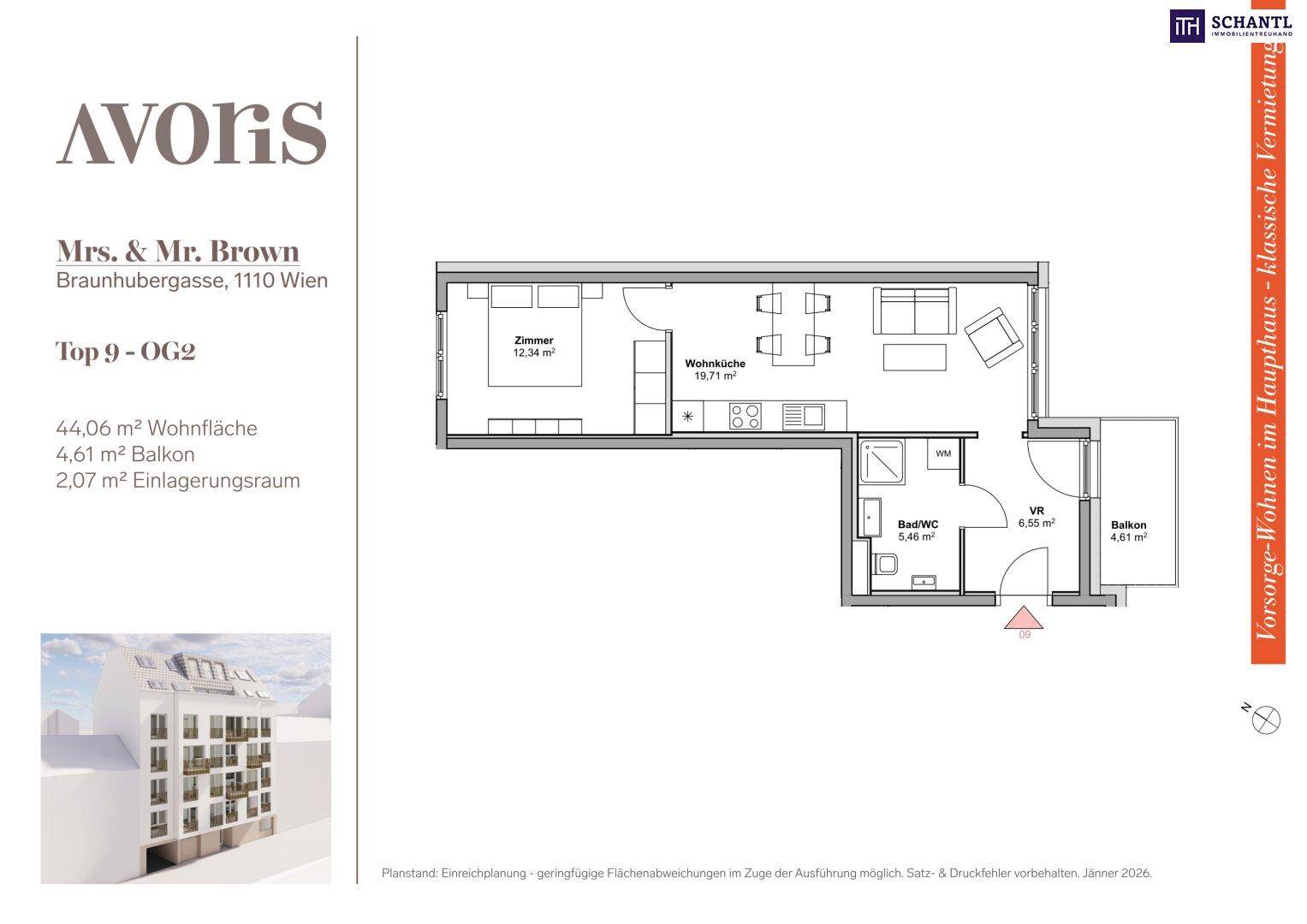 Grundriss der Wohnung im zweiten Obergeschoss mit Wohnküche, Schlafzimmer, Bad und Balkon.