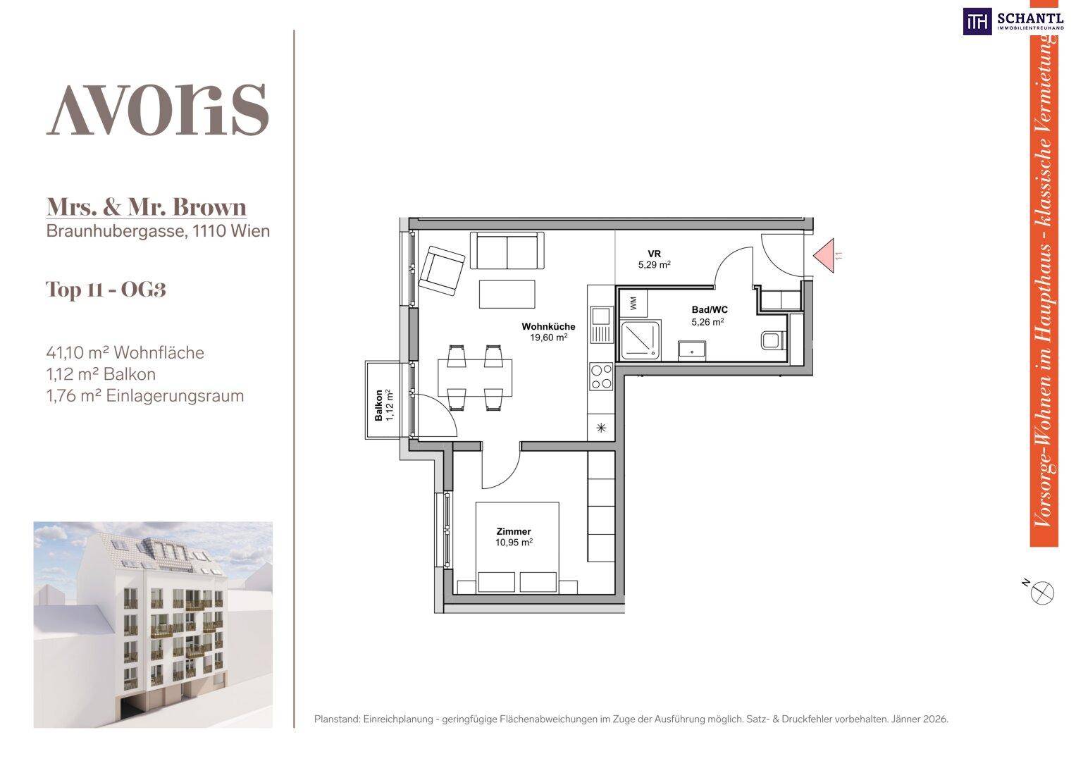 Grundriss der Wohnung im dritten Obergeschoss mit Wohnküche, Schlafzimmer, Bad und Balkon.