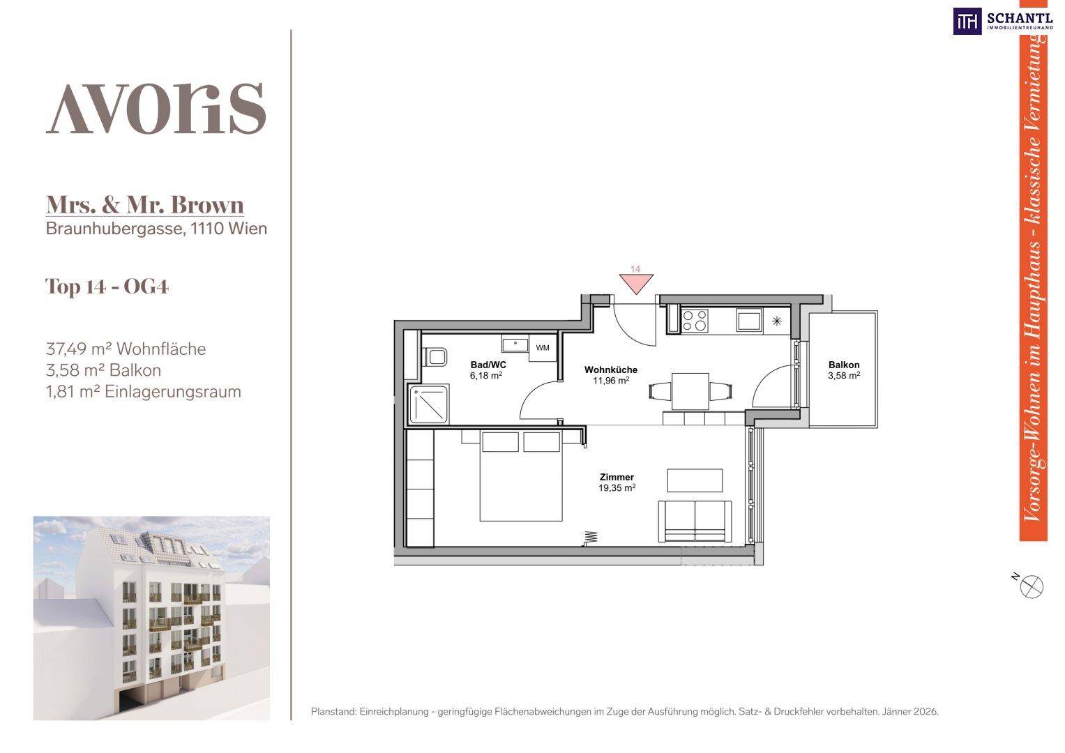 Grundriss der Wohnung im vierten Obergeschoss mit Wohnküche, Schlafzimmer, Bad und Balkon.