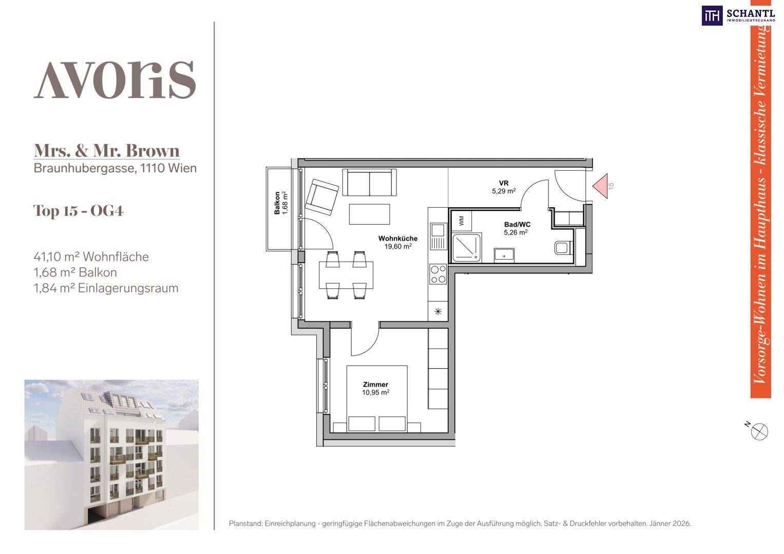 Grundriss der Wohnung im vierten Obergeschoss mit Wohnküche, Schlafzimmer, Bad und Balkon.