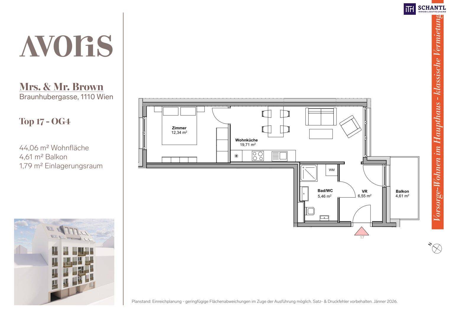 Grundriss der Wohnung im vierten Obergeschoss mit Wohnküche, Schlafzimmer, Bad und Balkon.